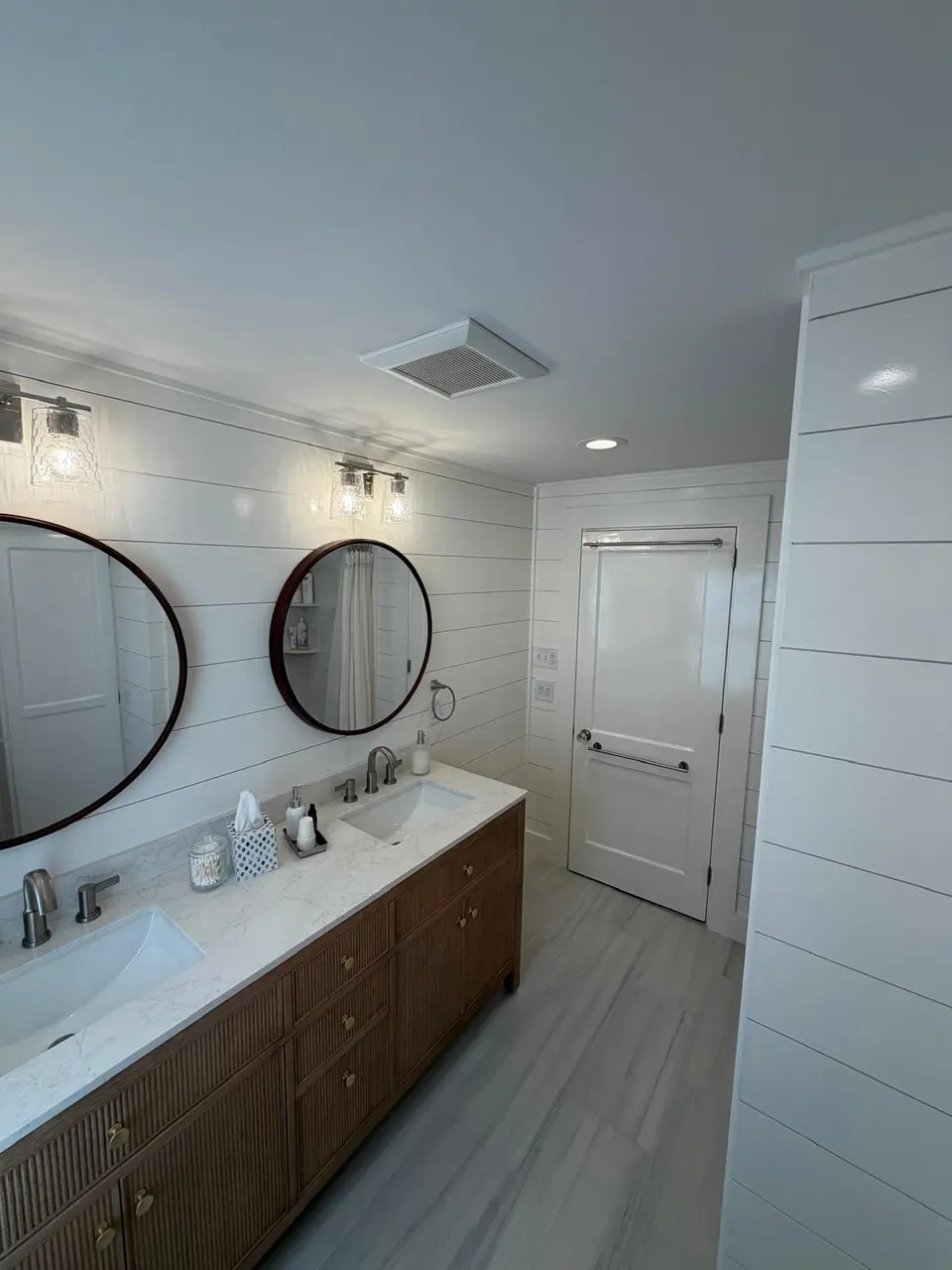 Finished double vanity and shiplap bathroom handed back clean on Cape Cod